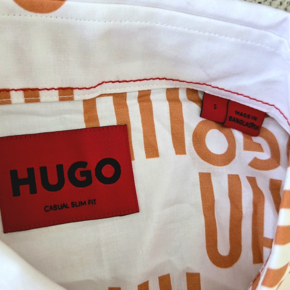 NWT HUGO BOSS Printed Slim-Fit White and Orange Patterned Shirt In Cotton Size:S - Picture 4 of 10